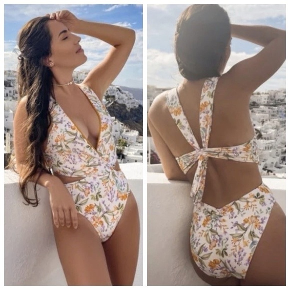 KAARI Floral Monokini Swim Allegra Rosario White Gold Orange Reversible Swimsuit